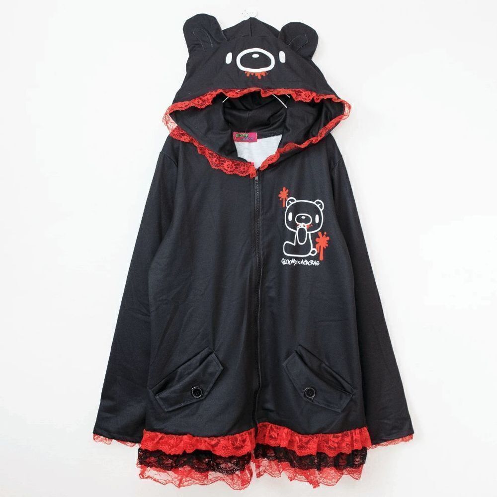 Gloomy Bear Black and Red Lace Trimmed Hooded Hoodie Cloak ONE SIZE FITS MOST